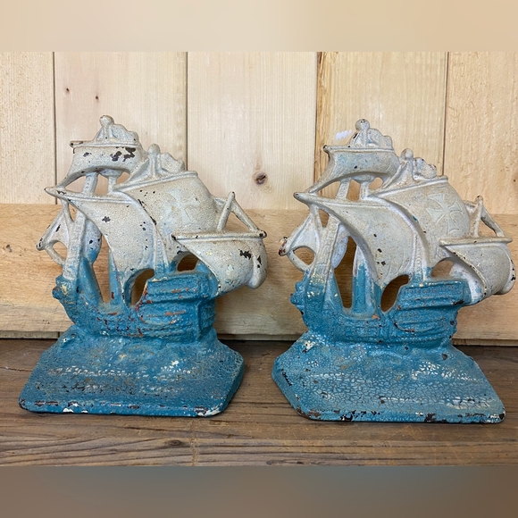 Vintage Cast Iron Bookends Nautical Sailing Pirate Ship Beach Coastal Turquoise - Picture 3 of 6